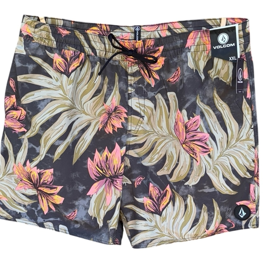 Volcom Floral Black Pink Tan Swim Trunks